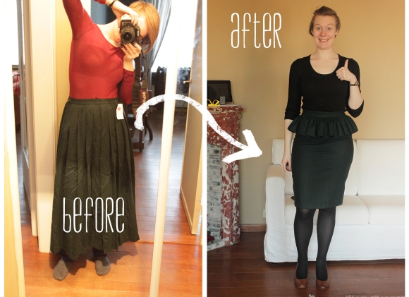 My first upcycling project: long gathered wool skirt into By Hand London Charlotte. I reused the notions (zipper and button) from the original skirt as well.