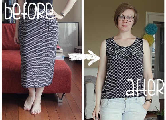 Calf-length pencil skirt into bib top (pattern from Salme Sewing Patterns), buttons from my stash.